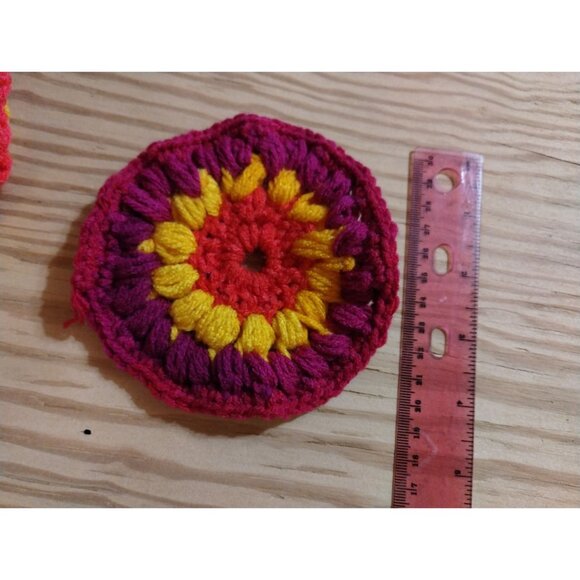 Handmade Crochet Coasters Set Of 2 - Vibrant Yellow Orange & Red Design With Fel - Picture 6 of 6